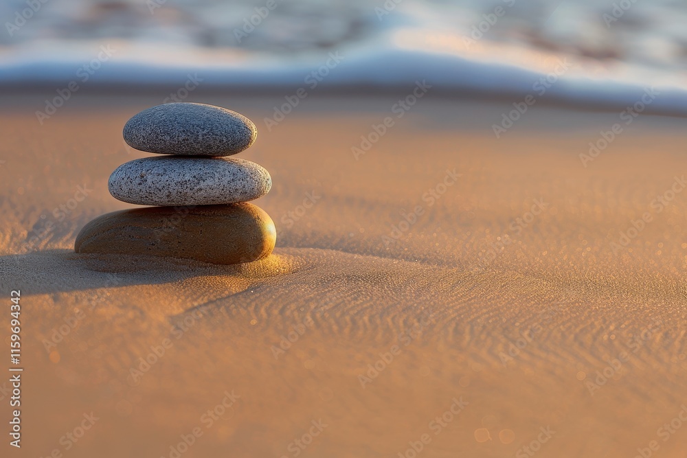 Poster smooth gray stone resting on sandy beach near gentle waves under soft light during early morning hou