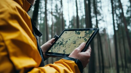 A surveyor using a computer tablet to view a map of the forest topography. surveying of land.