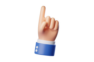 Cartoon hand pointing upwards, 3D render, index finger extended, gesture. background removed