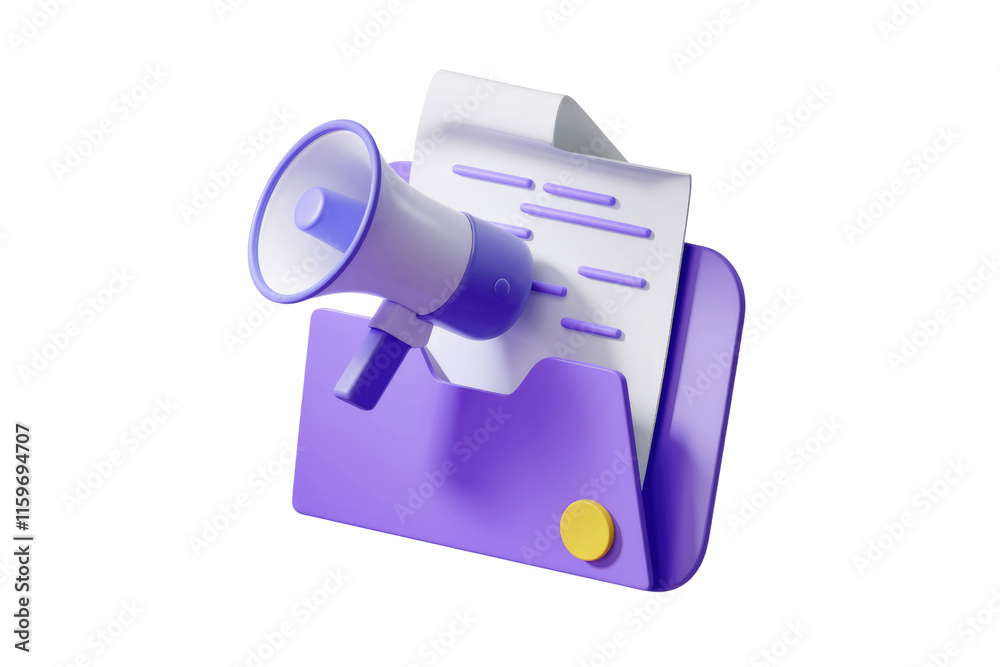 Poster 3D render of a purple folder with a megaphone promoting a document. background removed
