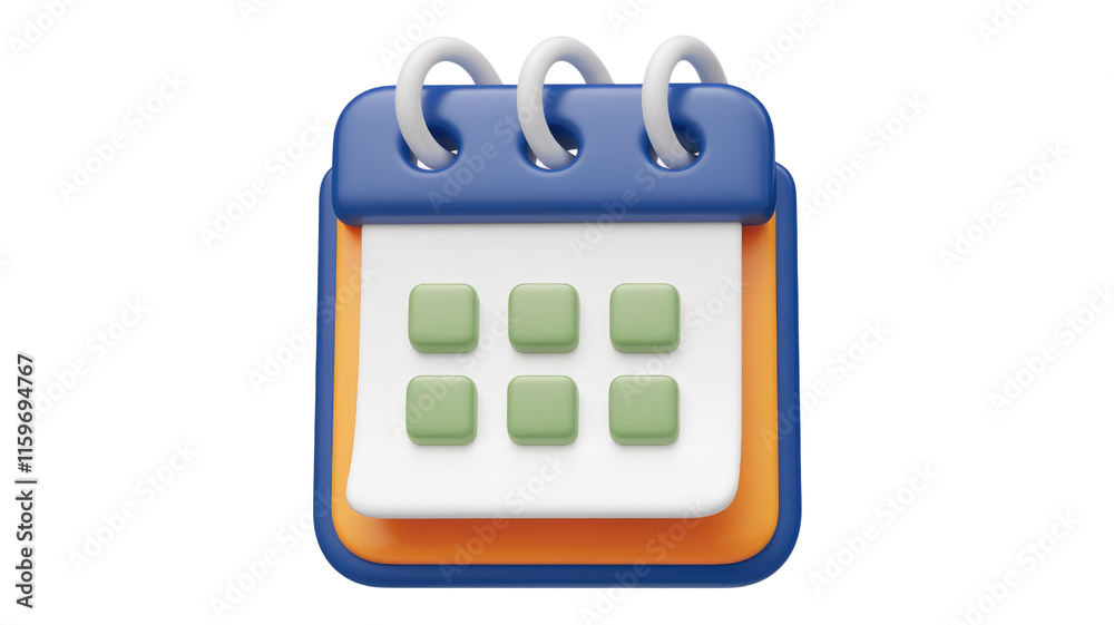 Poster A 3D rendered calendar icon with a blue and orange design, showing six empty squares for dates. background removed