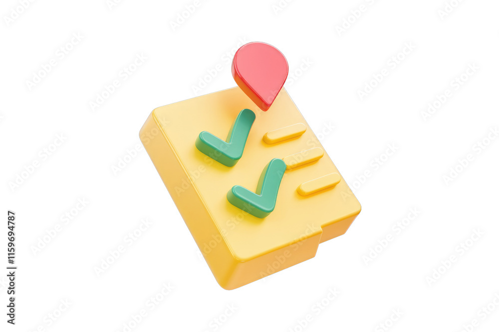 Poster 3D rendering of a checklist with location pin, signifying completed tasks or location-based achievements. background removed