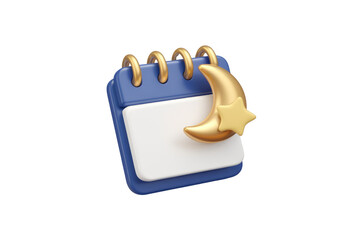 3D render of a calendar with a golden crescent moon and star, symbolizing a night or sleep schedule. background removed