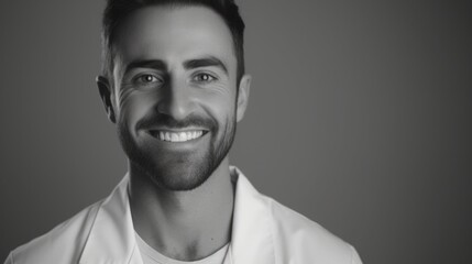 Obraz premium A cheerful male doctor wearing a white coat with black pants.