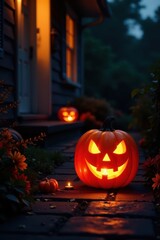 A glowing pumpkin lantern with eerie candlelight on a dark porch at night, autumnal decor, nighttime ambiance