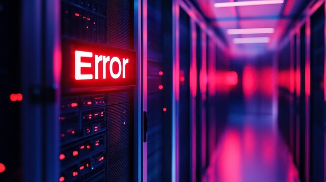 Red "Error" sign illuminated in a server room corridor.