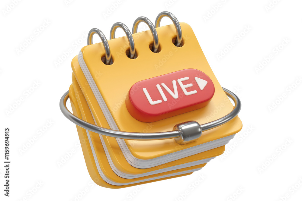 Poster 3D render of yellow notepad with a red 'LIVE' button, suggesting live streaming or event. background removed