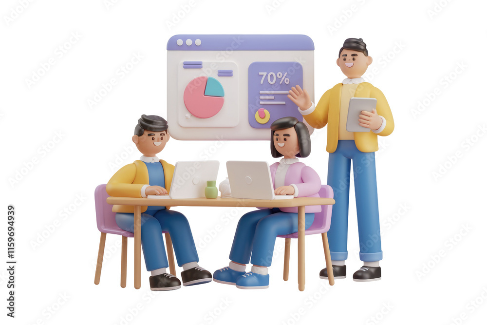 Poster teamwork on project, data analysis, progress at 70%, 3d illustration. background removed