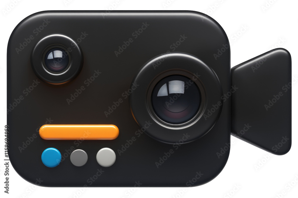 Poster A 3D rendering of a black camcorder with orange and blue buttons. background removed