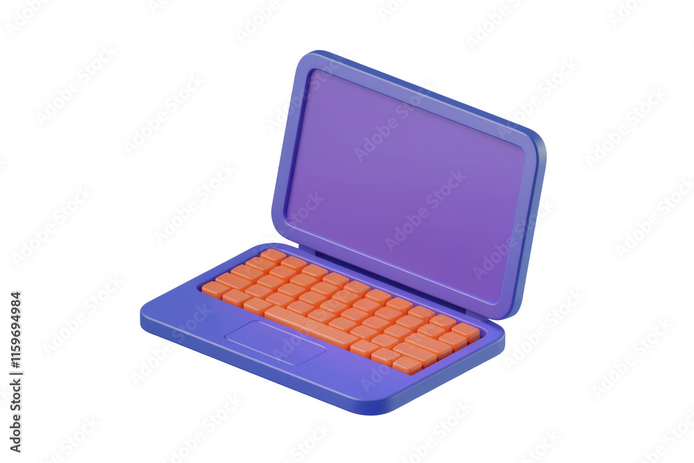 Poster a vibrant 3d render of a purple laptop with an orange keyboard, showcasing modern design. background