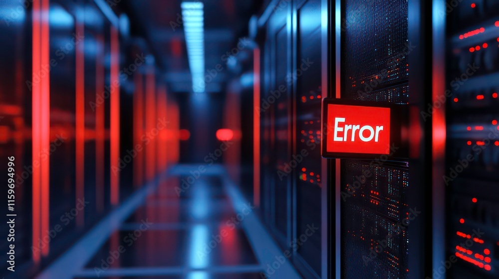 Leinwandbilder red error sign on server rack in dark data center.