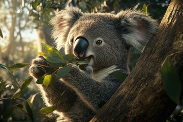 Obraz premium Sharp detailed photo of koala eating eucalyptus in forest