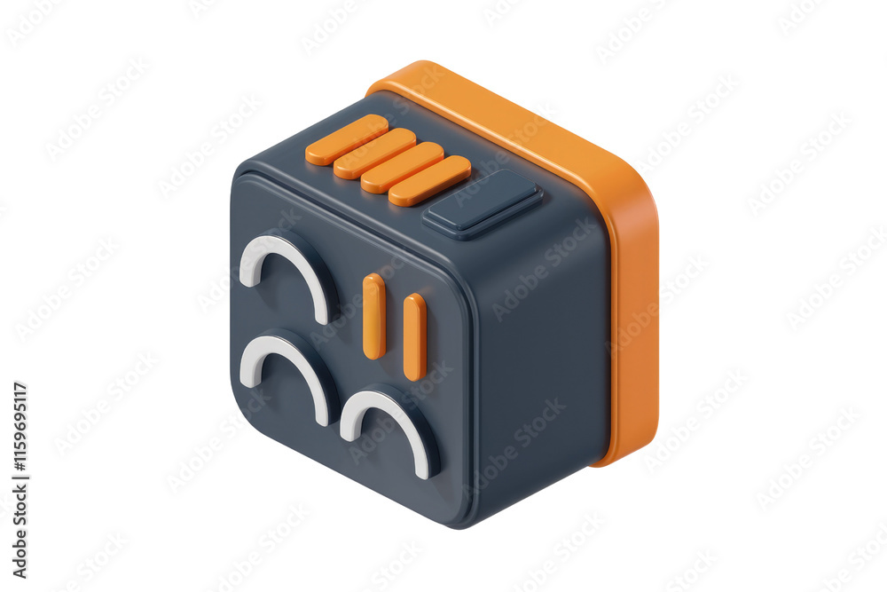 Poster Isometric 3D render of a dark gray device with orange accents and symbolic buttons. background removed