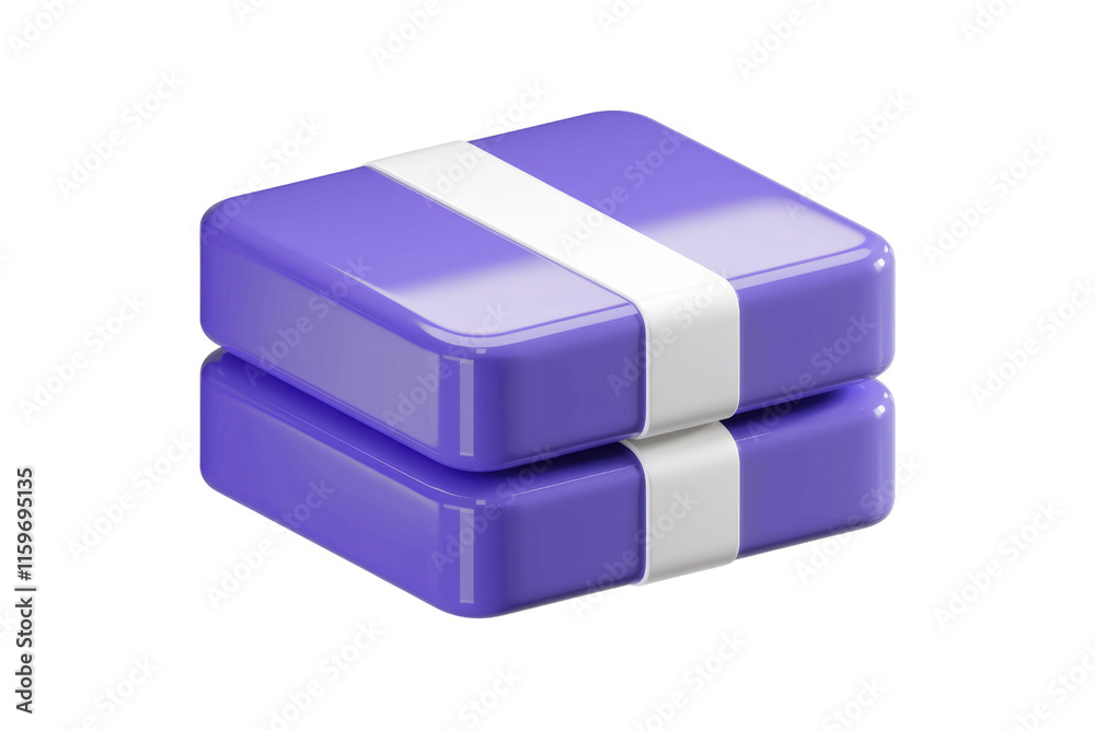 Poster 3D render of two stacked purple glossy cubes with white bands, representing data storage or a software package. background removed