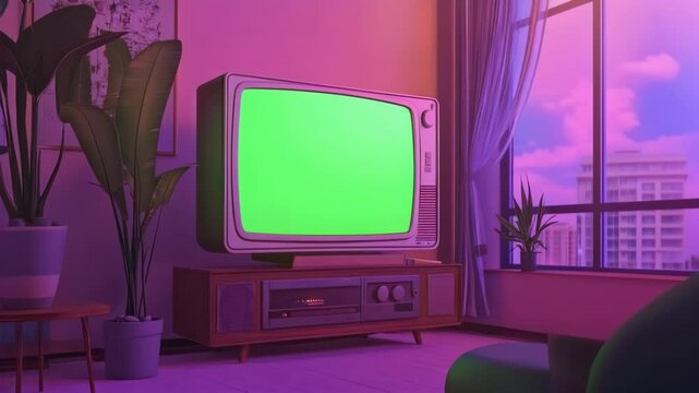 Green screen television in cozy vaporwave living room