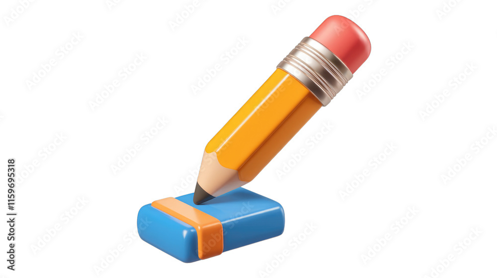 Poster 3d render of a pencil with eraser, positioned above a separate eraser, illustrating writing and edit