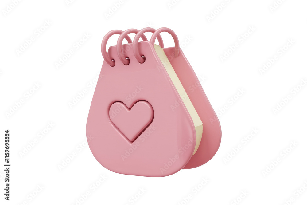 Aufkleber pink notepad with heart, spiral binding, blank page, 3d render. background removed