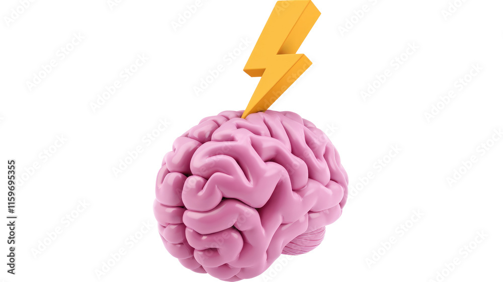 Poster pink brain with a lightning bolt on top, symbolizing a burst of inspiration or idea. background remo