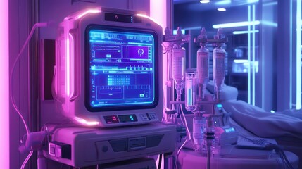 Futuristic medical monitor displaying vital signs in a modern hospital room.