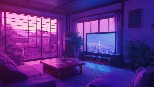 Cozy japanese living room with Tokyo view at sunset changing colors