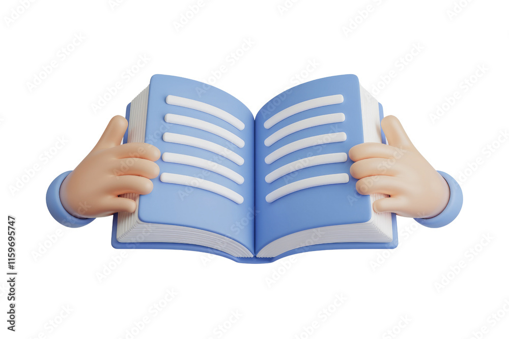 Aufkleber 3d cartoon hands holding an open blue book, representing reading or learning. background removed