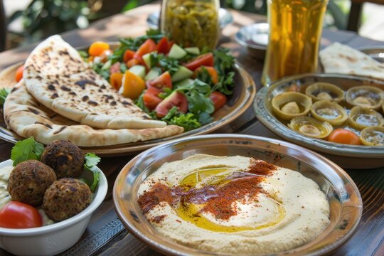 Authentic Middle Eastern dining experience featuring a variety of traditional dishes and vibrant salads on a decorative table setting with drinks