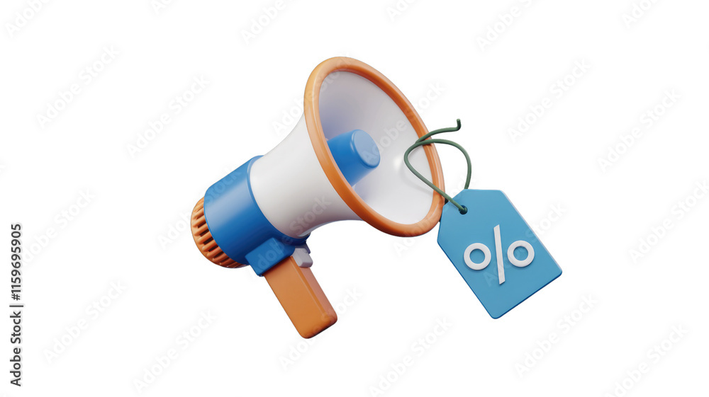 Poster 3d rendering of a megaphone with a percentage sign tag, announcing a sale or discount. background re