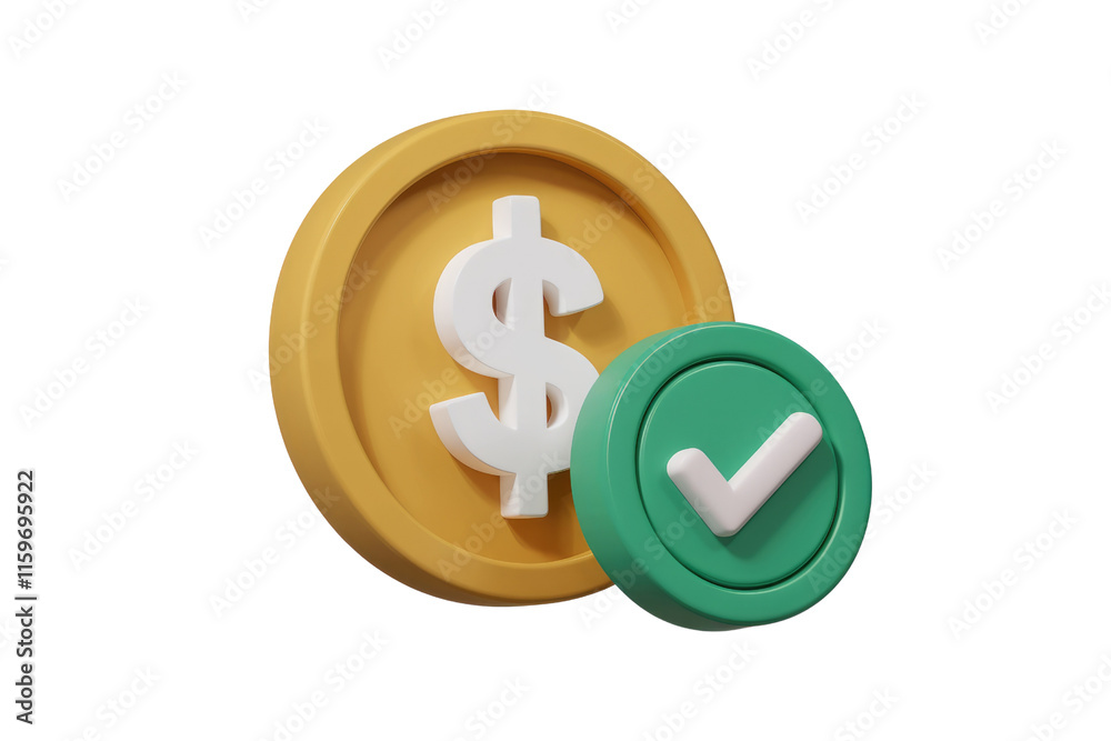 Poster 3D rendering of a golden coin with a dollar sign and a green checkmark signifying financial approval. background removed