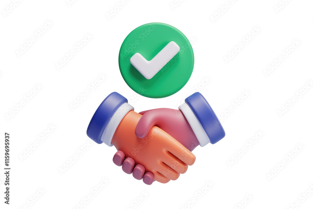 Aufkleber 3D render of a handshake with a green checkmark signifying successful partnership or agreement. background removed