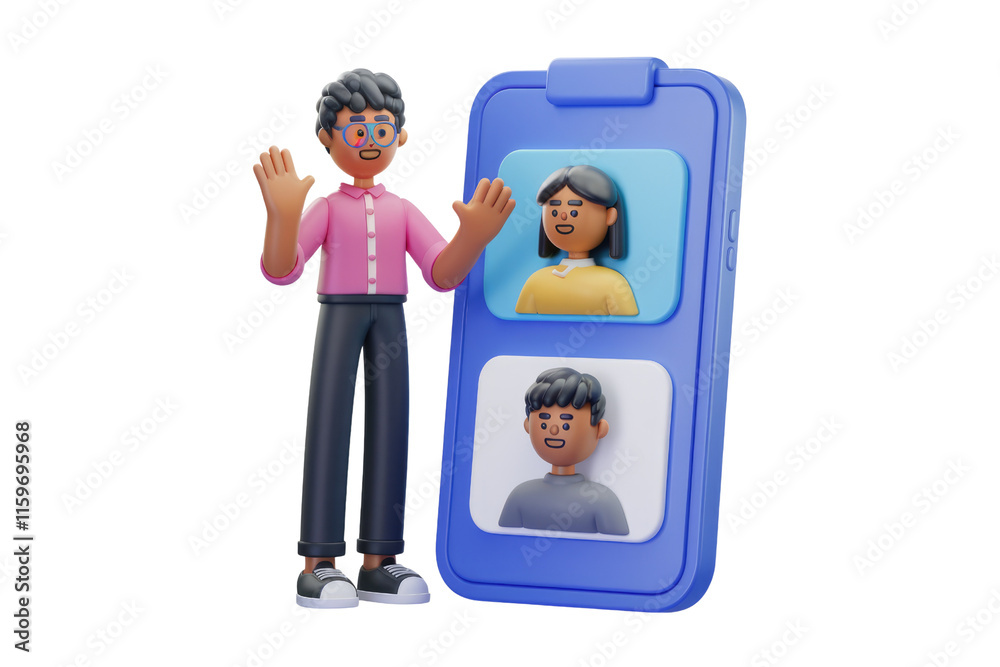Poster 3d illustration of a person video conferencing with two others on a smartphone. background removed