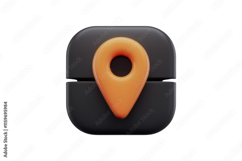 Poster 3D render of an orange location pin on a black square button, indicating a place. background removed