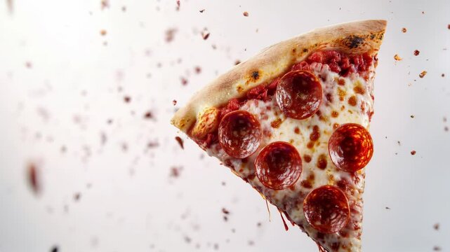 Pepperoni pizza slice spinning on white background