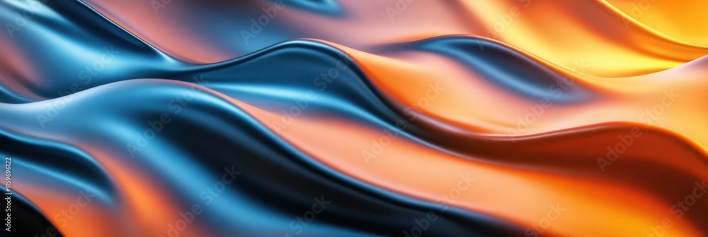 Poster Glossy abstract waves create a mesmerizing blend of orange and blue colors undulating across a smooth surface. Generative AI