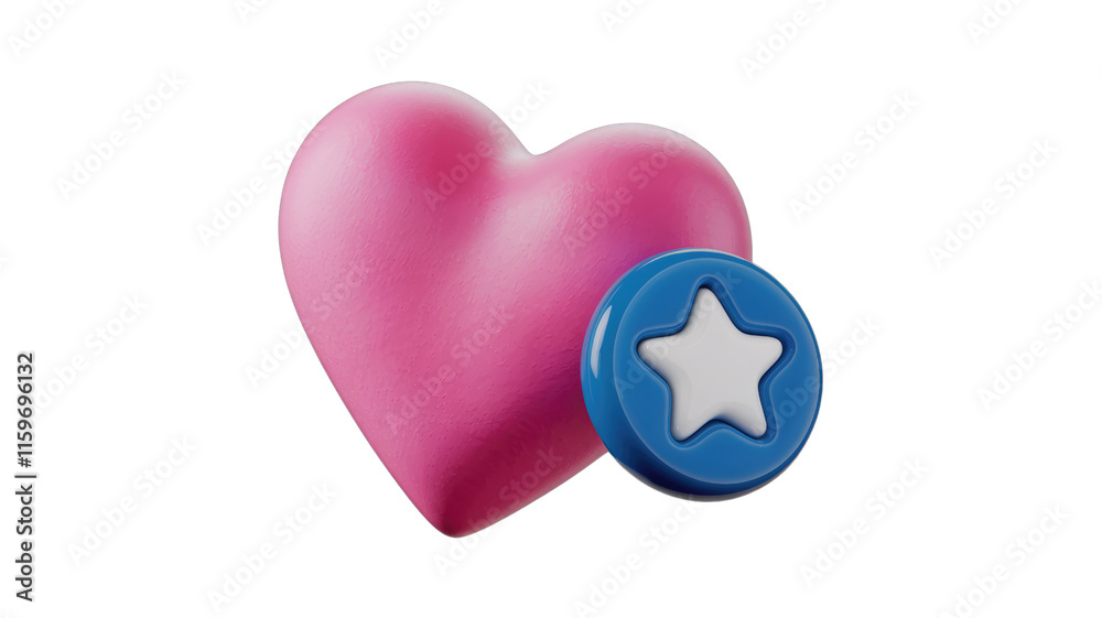 Poster 3d render of a pink heart with a blue star button, representing love and appreciation. background re
