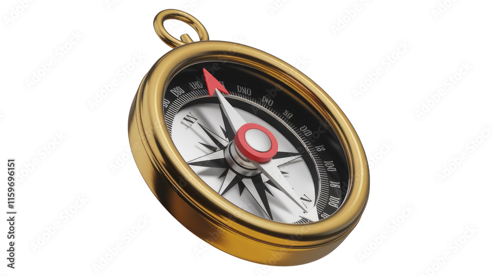 Poster a gold compass with a red needle points north, symbolizing direction and guidance. background remove