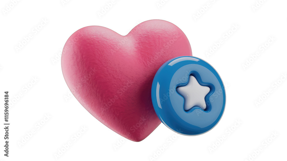 Poster Pink heart with a blue star button; 3D rendering of love and rating concept. background removed