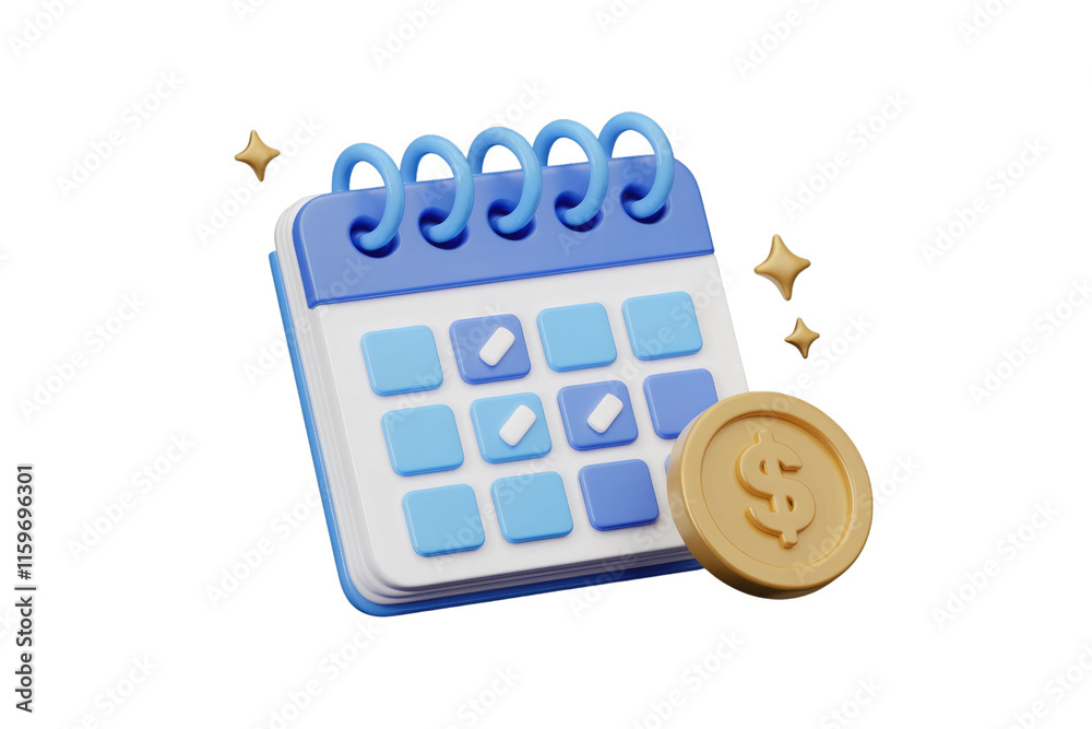 Poster 3D rendered calendar with a coin, symbolizing financial planning and scheduling. background removed