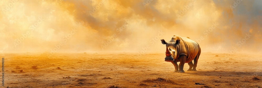 Poster close up of a solitary rhino standing in a barren savanna with golden skies and empty landscape invi