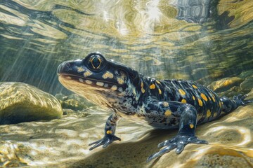 Fototapeta premium Photorealistic image of spotted salamander in clear stream