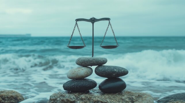 The stones on the sea background represent a symbolic scale. idea of balance and harmony. balance between work and life and emotions
