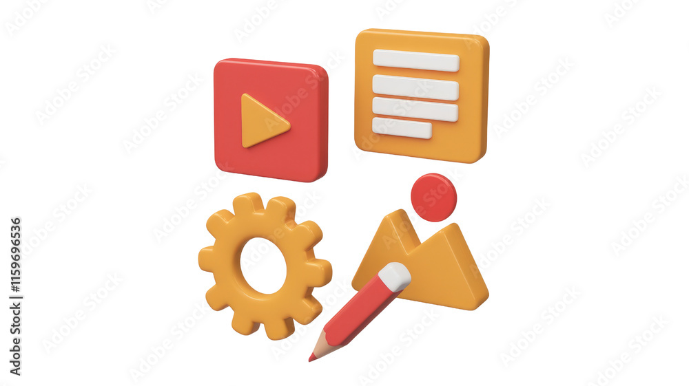 Poster 3d icons representing video, document, image, settings, and editing. background removed