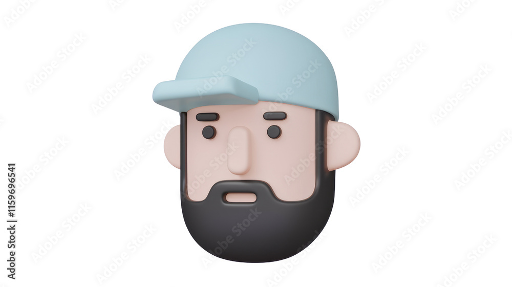 Poster 3d render of a man's face with a beard wearing a light blue cap. background removed