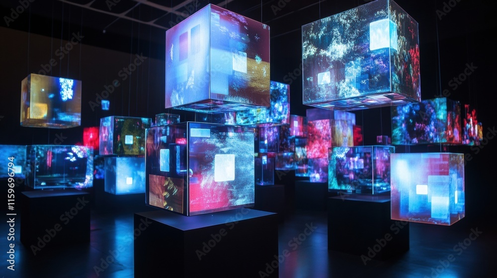Poster floating cubes display abstract text and symbols in a vibrant art installation at an exhibition. gen