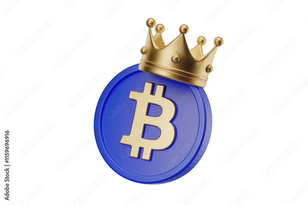 Poster bitcoin cryptocurrency coin with a golden crown on top, symbolizing its dominance. background remove