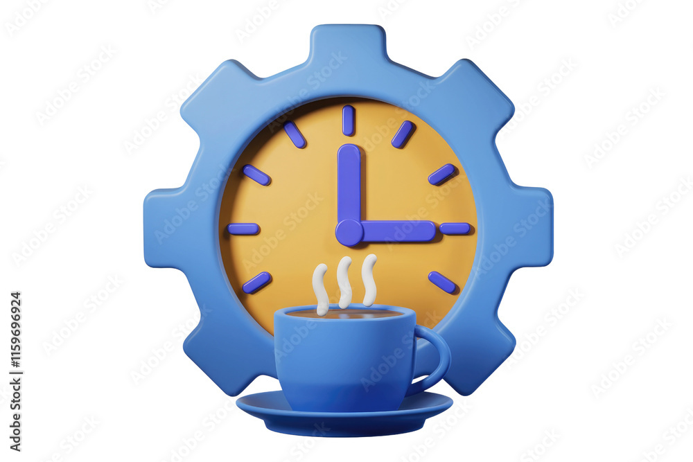 Leinwandbilder A 3D render of a coffee cup with steam in front of a gear-shaped clock, symbolizing productivity and breaks. background removed