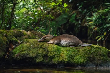 Fototapeta premium Tranquil platypus on mossy riverbank with soft light