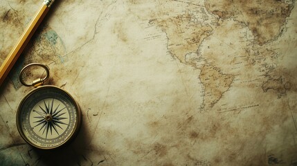Vintage map with compass and pencil on a wooden surface for exploration and adventure planning. Generative AI