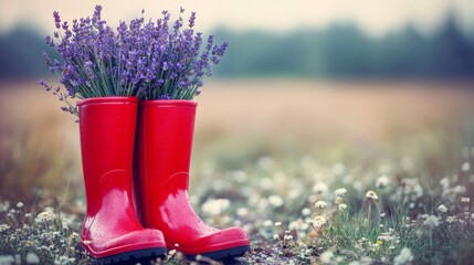 Lavender blossoms in red rain boots in a field