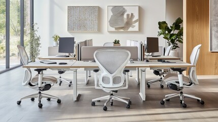 This contemporary workspace has an open design, minimalist desks, and sleek, ergonomic office chairs. Natural light streams into the space from the huge windows, making it well-lit.