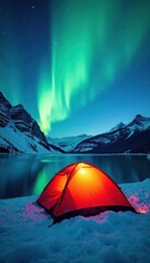 Illuminated tent, icy lake, vibrant aurora, snowy hills , camping, glowing, scene